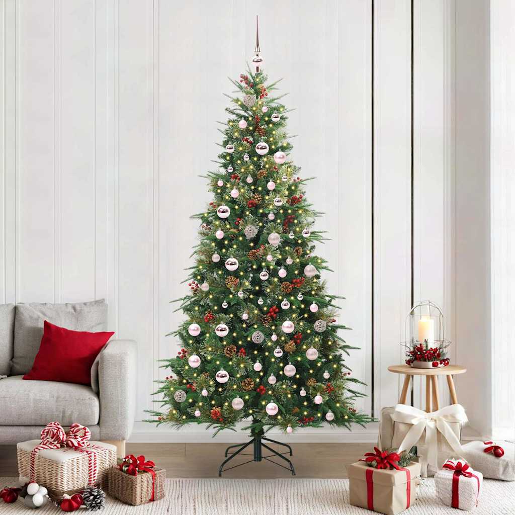 Artificial Hinged Christmas Tree PE and PVC Green 210 cm with LEDs &pink balls
