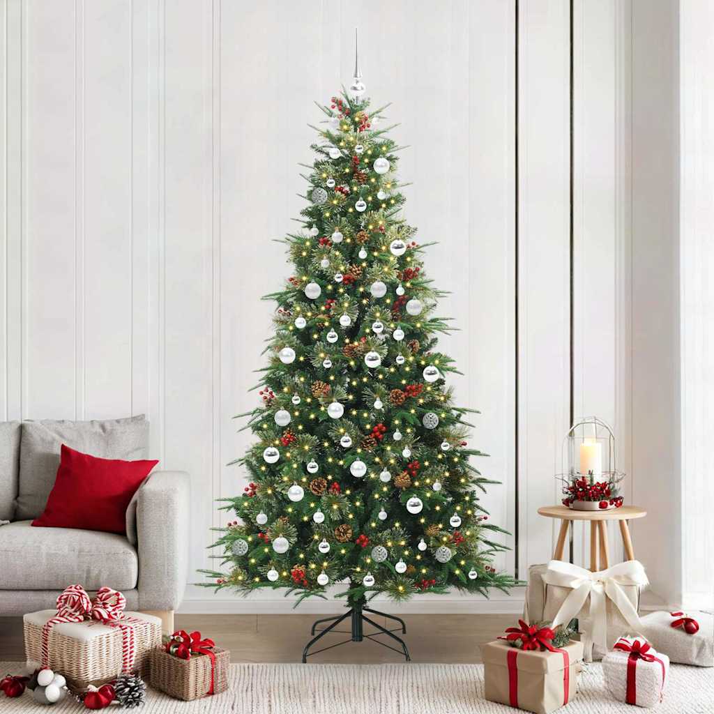 Artificial Hinged Christmas Tree PE and PVC Green 210 cm with LEDs &silver balls