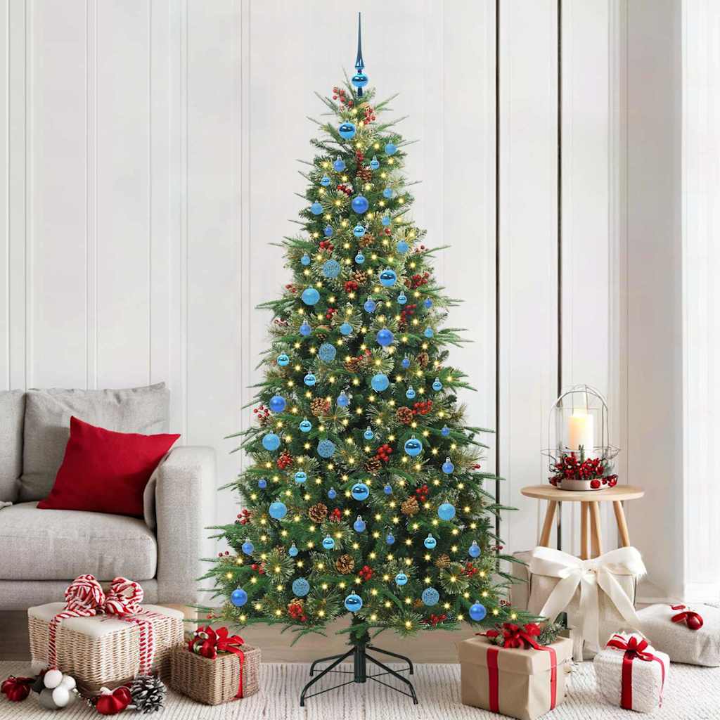 Artificial Hinged Christmas Tree PE and PVC Green 210 cm with LEDs &blue balls
