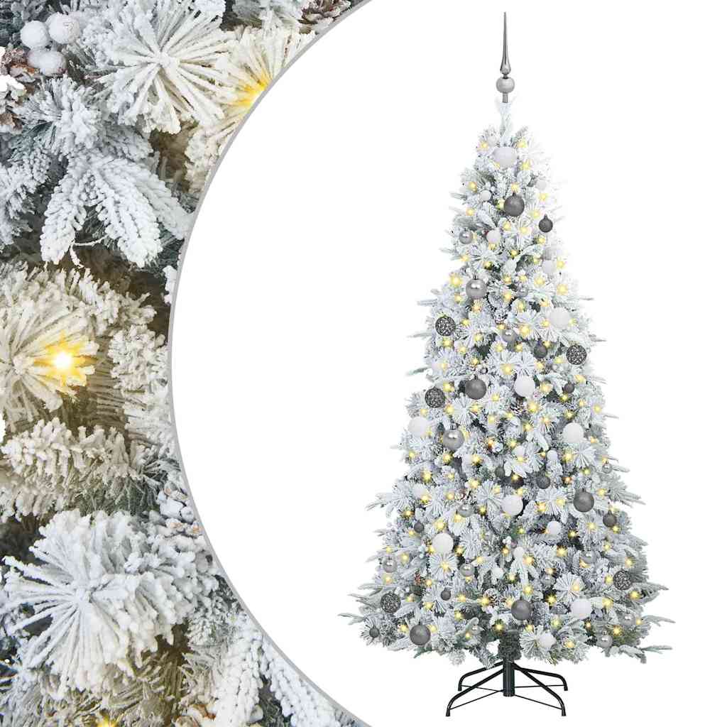 Artificial Hinged Christmas Tree White PE and PVC Green and white 210 cm with LEDs &white/grey balls