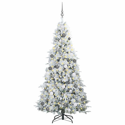 Artificial Hinged Christmas Tree White PE and PVC Green and white 210 cm with LEDs &white/grey balls