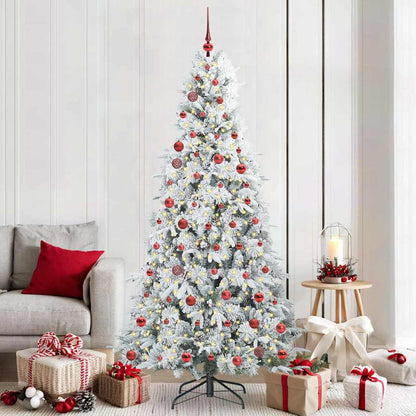 Artificial Hinged Christmas Tree White PE and PVC Green and white 210 cm with LEDs &red balls