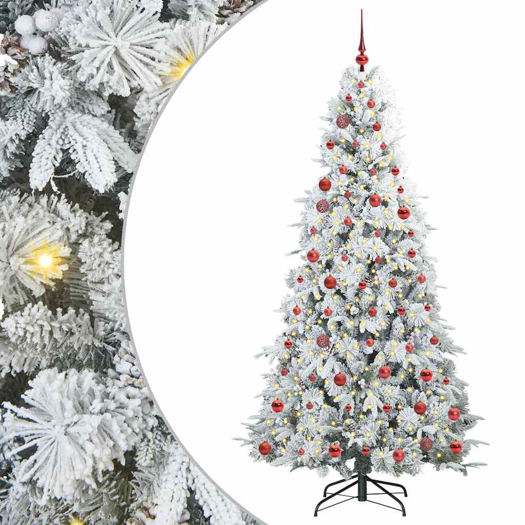 Artificial Hinged Christmas Tree White PE and PVC Green and white 210 cm with LEDs &red balls