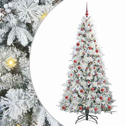 Artificial Hinged Christmas Tree White PE and PVC Green and white 210 cm with LEDs &red balls