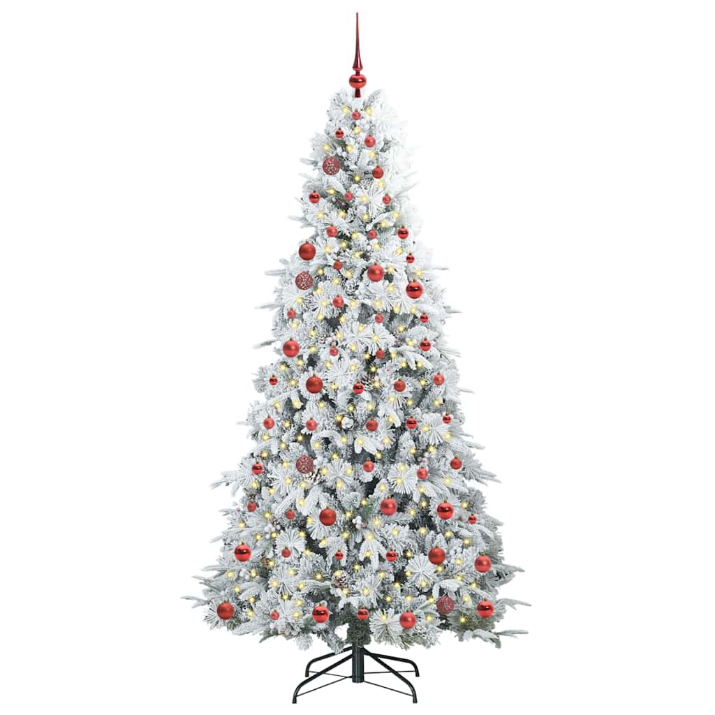 Artificial Hinged Christmas Tree White PE and PVC Green and white 210 cm with LEDs &red balls