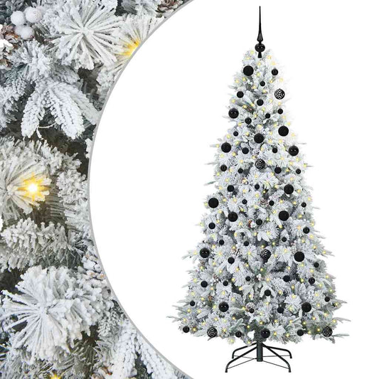 Artificial Hinged Christmas Tree White PE and PVC Green and white 210 cm with LEDs &black balls