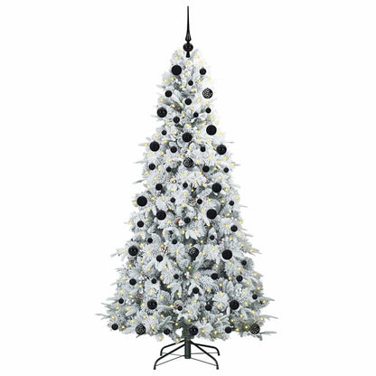 Artificial Hinged Christmas Tree White PE and PVC Green and white 210 cm with LEDs &black balls