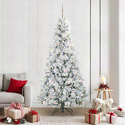 Artificial Hinged Christmas Tree White PE and PVC Green and white 210 cm with LEDs &pink balls