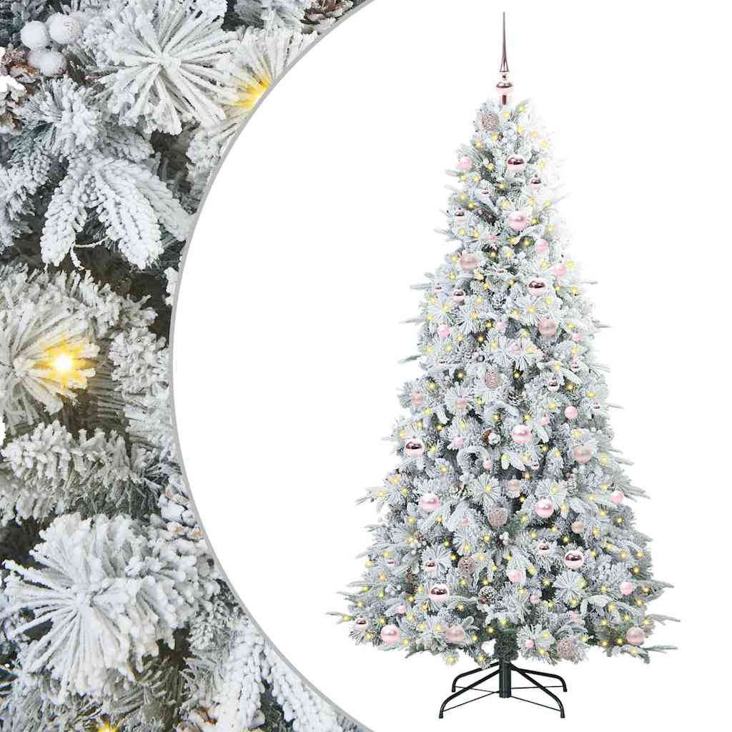 Artificial Hinged Christmas Tree White PE and PVC Green and white 210 cm with LEDs &pink balls