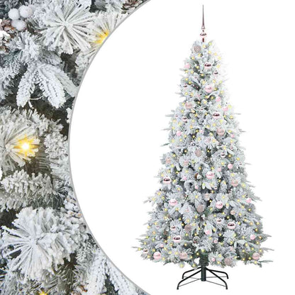 Artificial Hinged Christmas Tree White PE and PVC Green and white 210 cm with LEDs &pink balls
