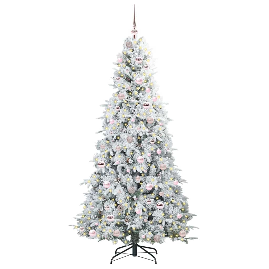 Artificial Hinged Christmas Tree White PE and PVC Green and white 210 cm with LEDs &pink balls