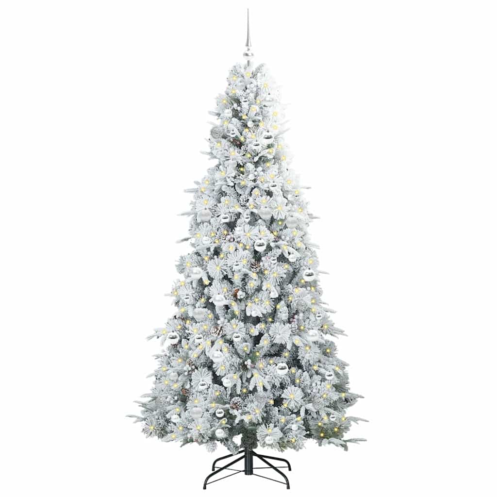 Artificial Hinged Christmas Tree White PE and PVC Green and white 210 cm with LEDs &silver balls