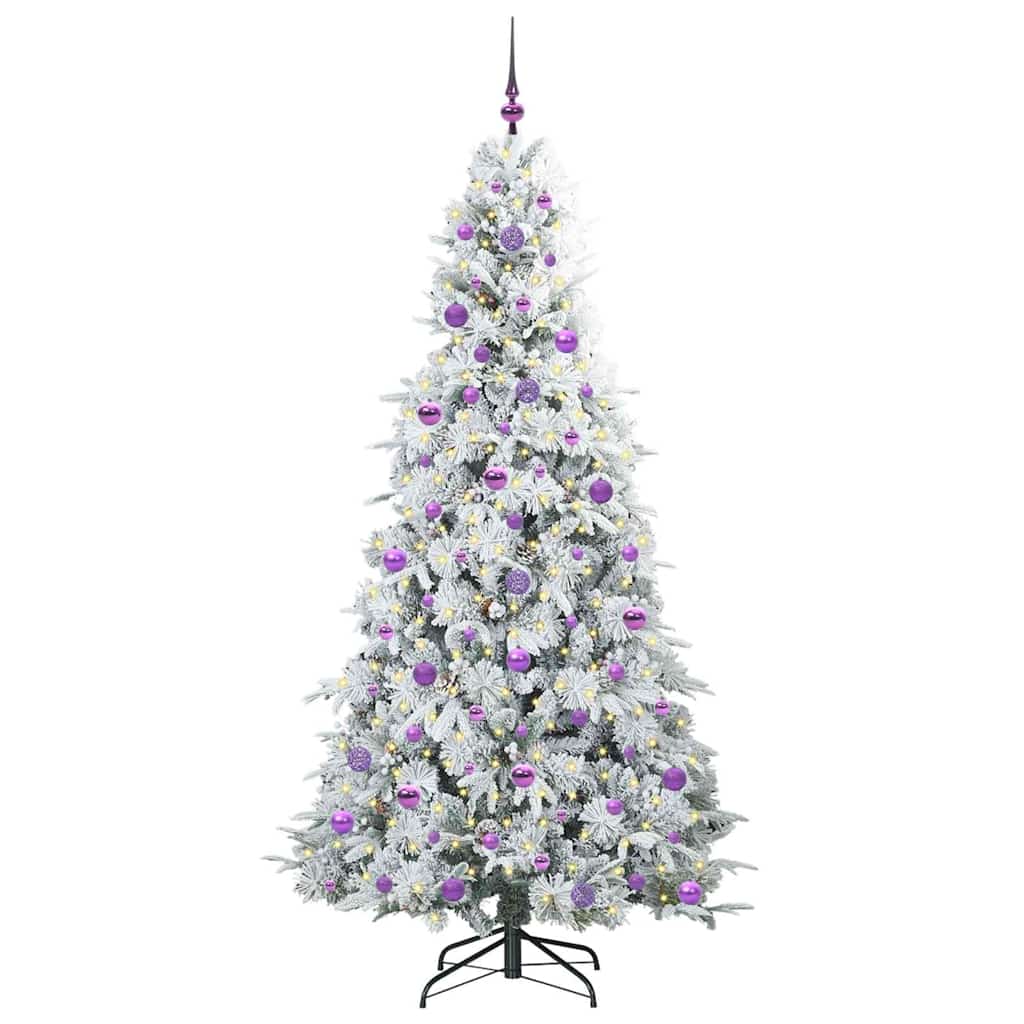 Artificial Hinged Christmas Tree White PE and PVC Green and white 210 cm with LEDs &lilac balls
