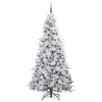 Artificial Hinged Christmas Tree White PE and PVC Green and white 210 cm with LEDs &lilac balls