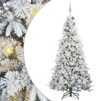 Artificial Hinged Christmas Tree White PE and PVC Green and white 240 cm with LEDs &white/grey balls