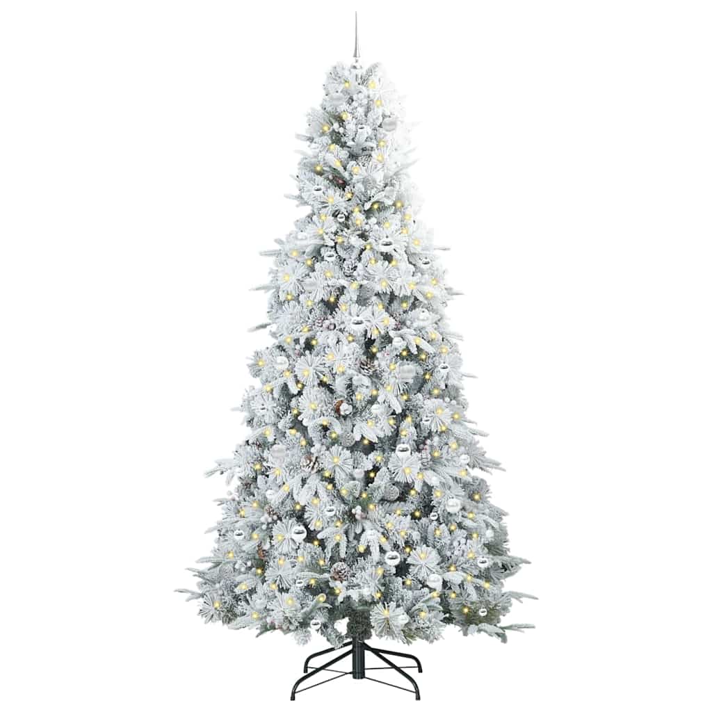 Artificial Hinged Christmas Tree White PE and PVC Green and white 240 cm with LEDs &silver balls