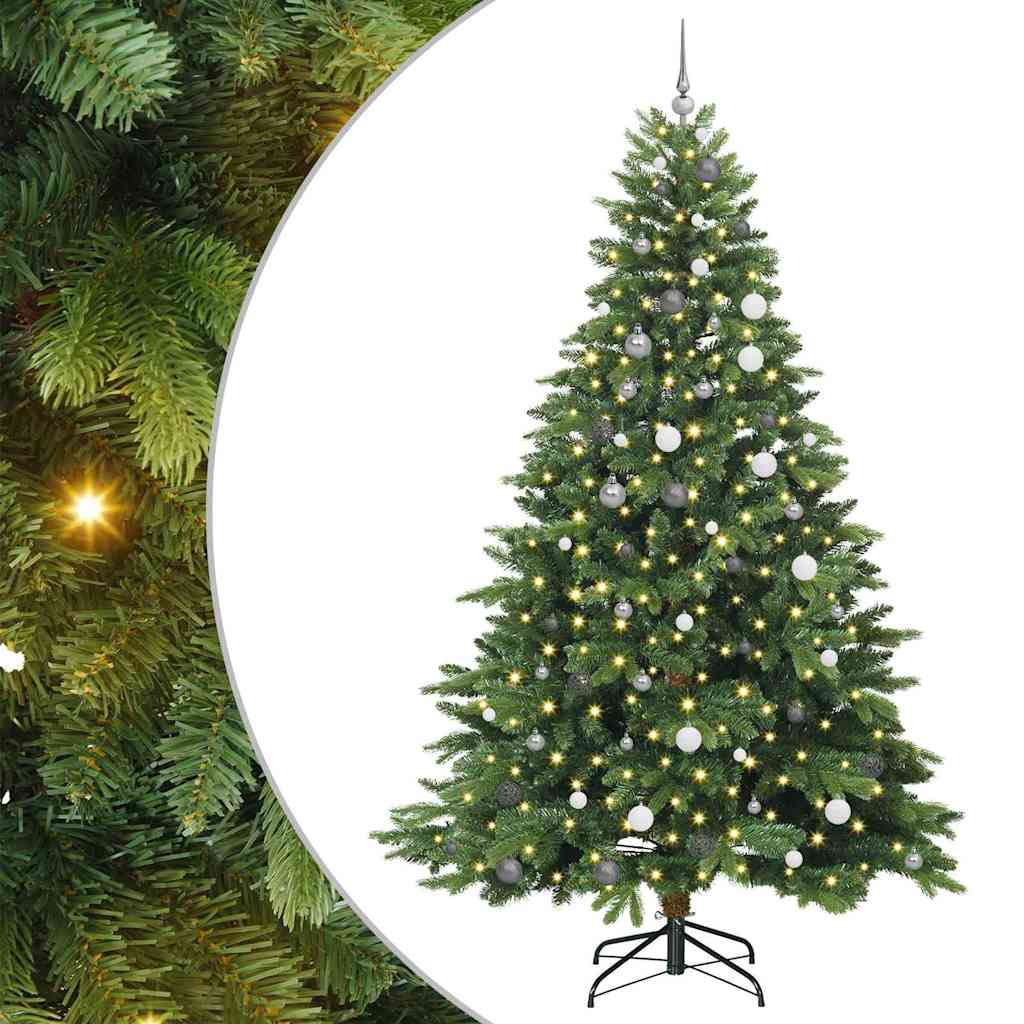 Artificial Christmas Tree with 300 LEDs PE and PVC Green 240 cm with LEDs &white/grey balls
