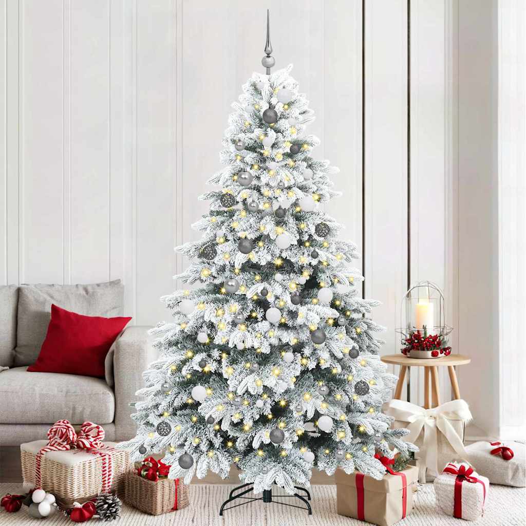 Artificial Christmas Tree with 300 LEDs PE and PVC White 210 cm with LEDs &white/grey balls