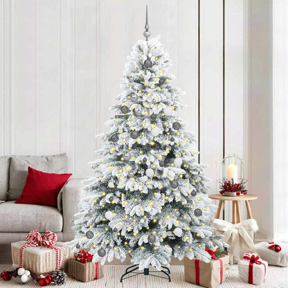 Artificial Christmas Tree with 300 LEDs PE and PVC White 210 cm with LEDs &white/grey balls