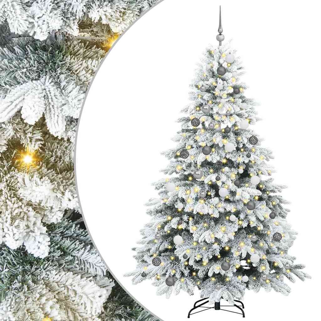 Artificial Christmas Tree with 300 LEDs PE and PVC White 210 cm with LEDs &white/grey balls