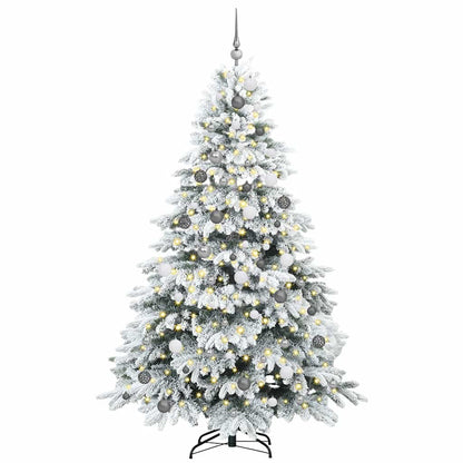 Artificial Christmas Tree with 300 LEDs PE and PVC White 210 cm with LEDs &white/grey balls