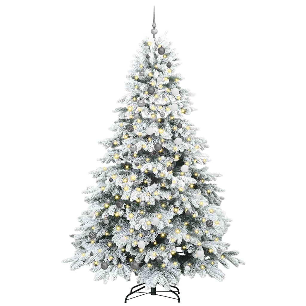 Artificial Christmas Tree with 300 LEDs PE and PVC White 240 cm with LEDs &white/grey balls