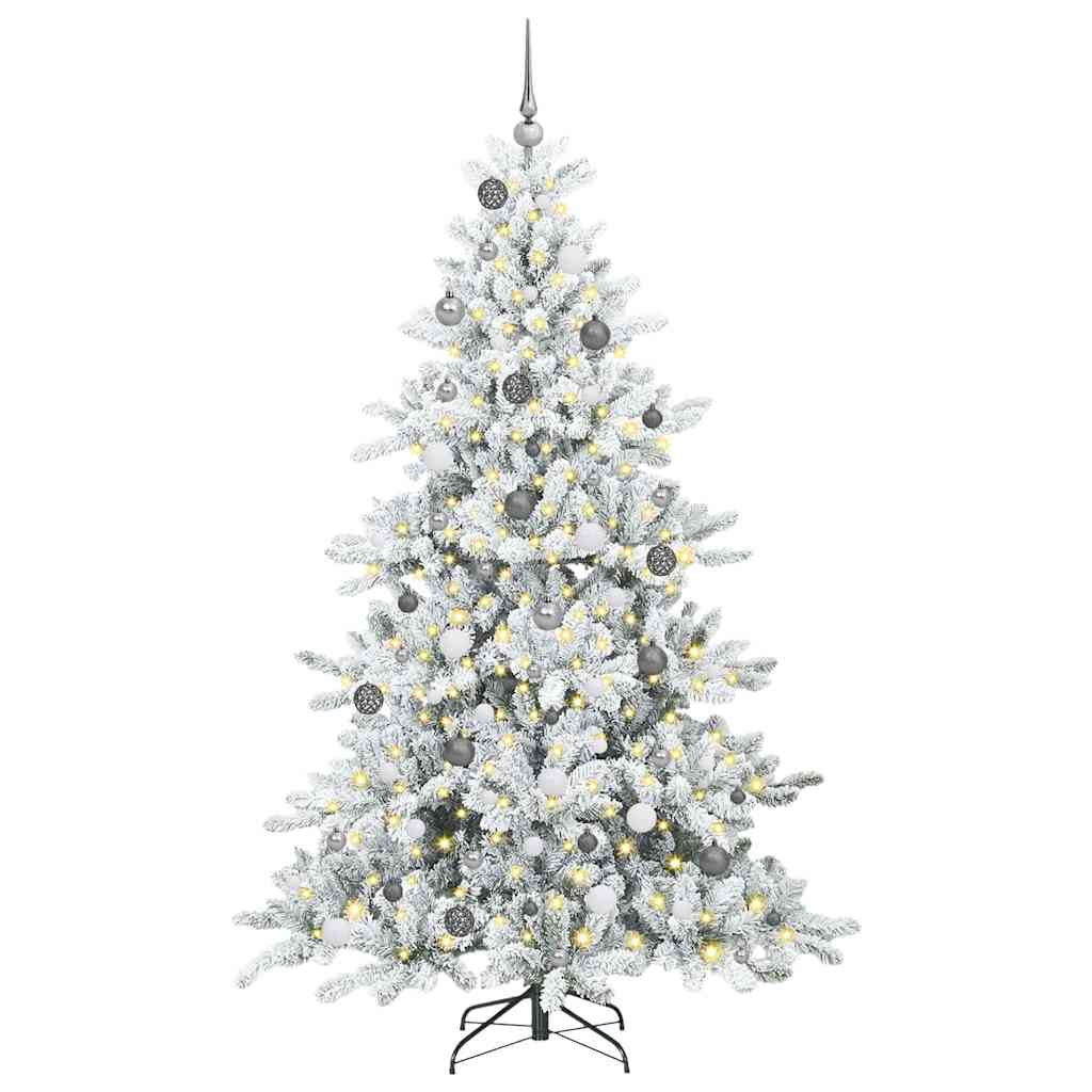 Artificial Hinged Christmas Tree PVC and Steel White 210 cm with LEDs &white/grey balls