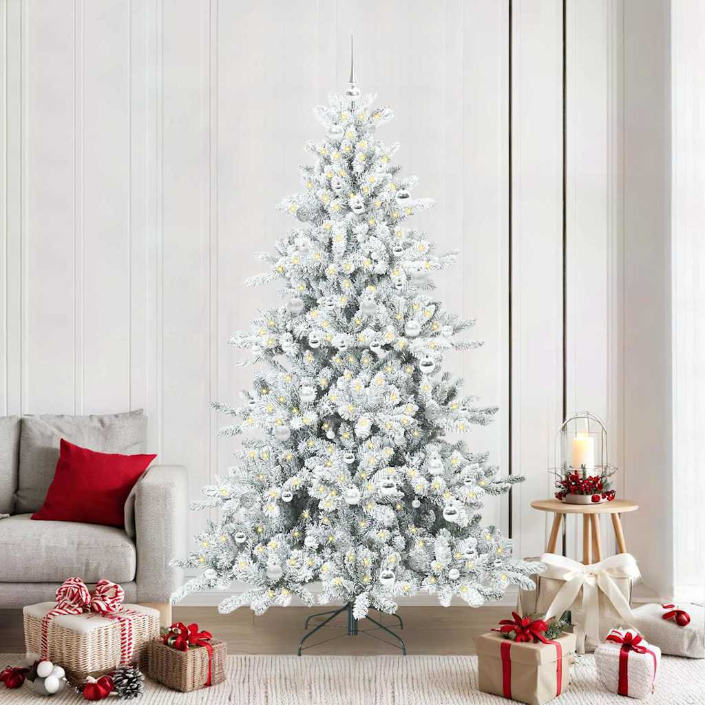 Artificial Hinged Christmas Tree PVC and Steel White 210 cm with LEDs &silver balls