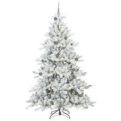 Artificial Hinged Christmas Tree PVC and Steel White 240 cm with LEDs &white/grey balls