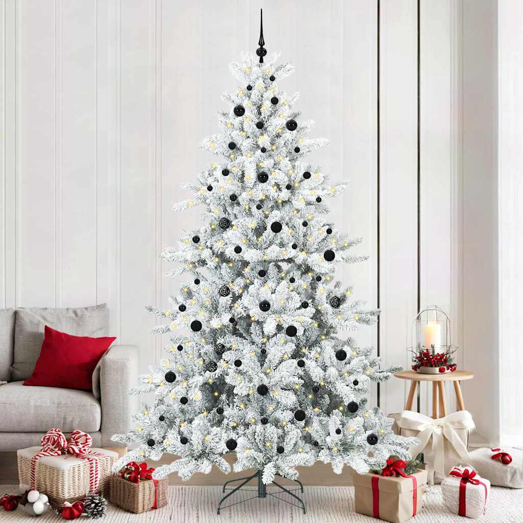 Artificial Hinged Christmas Tree PVC and Steel White 240 cm with LEDs &black balls
