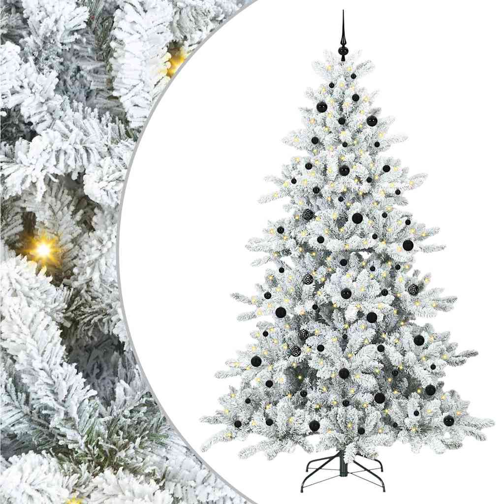 Artificial Hinged Christmas Tree PVC and Steel White 240 cm with LEDs &black balls