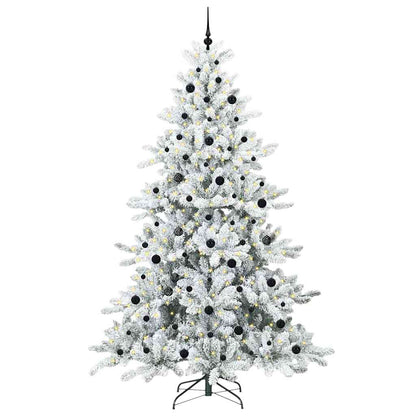 Artificial Hinged Christmas Tree PVC and Steel White 240 cm with LEDs &black balls