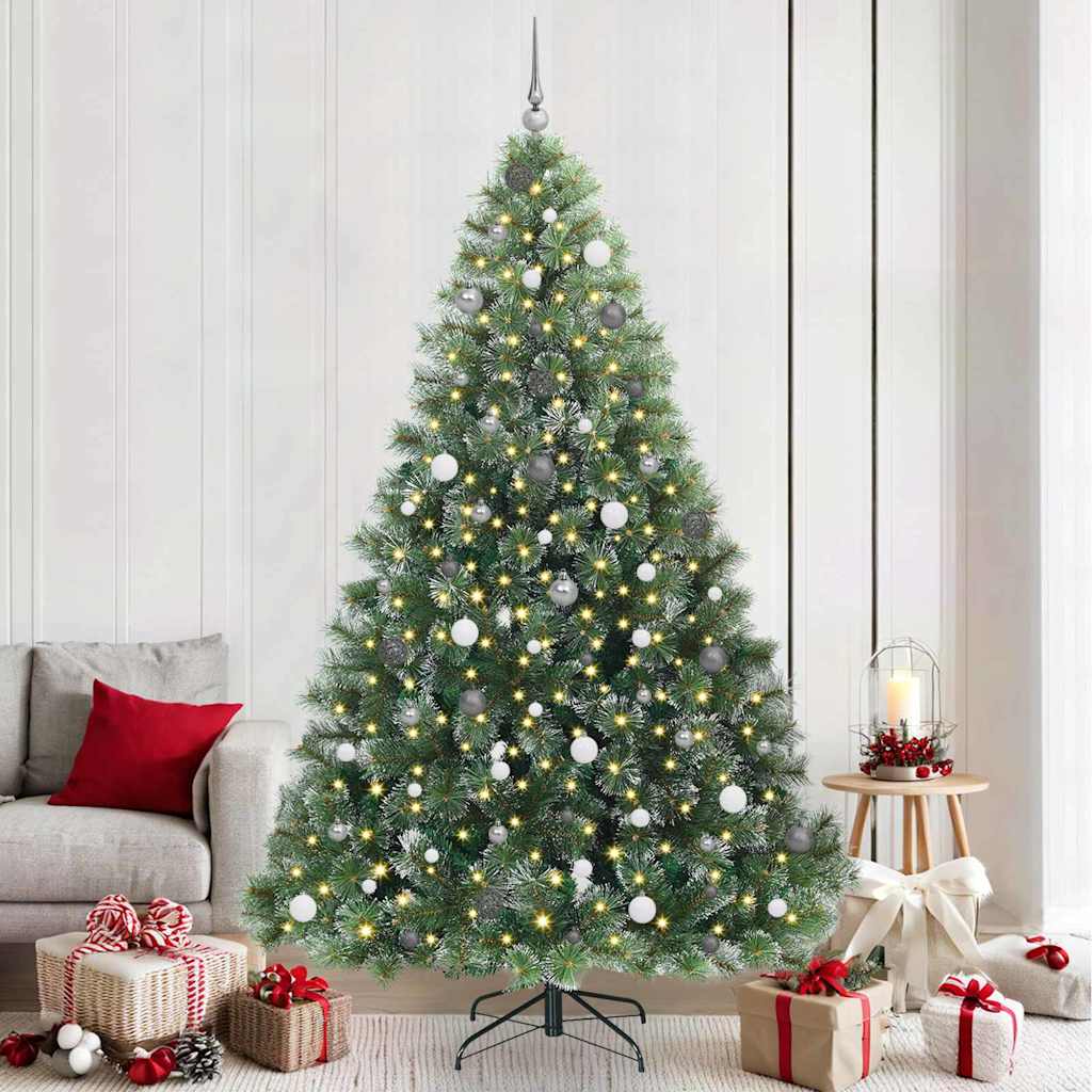 Artificial Christmas Tree with 300 LEDs Green PE and PVC White 240 cm with LEDs &white/grey balls