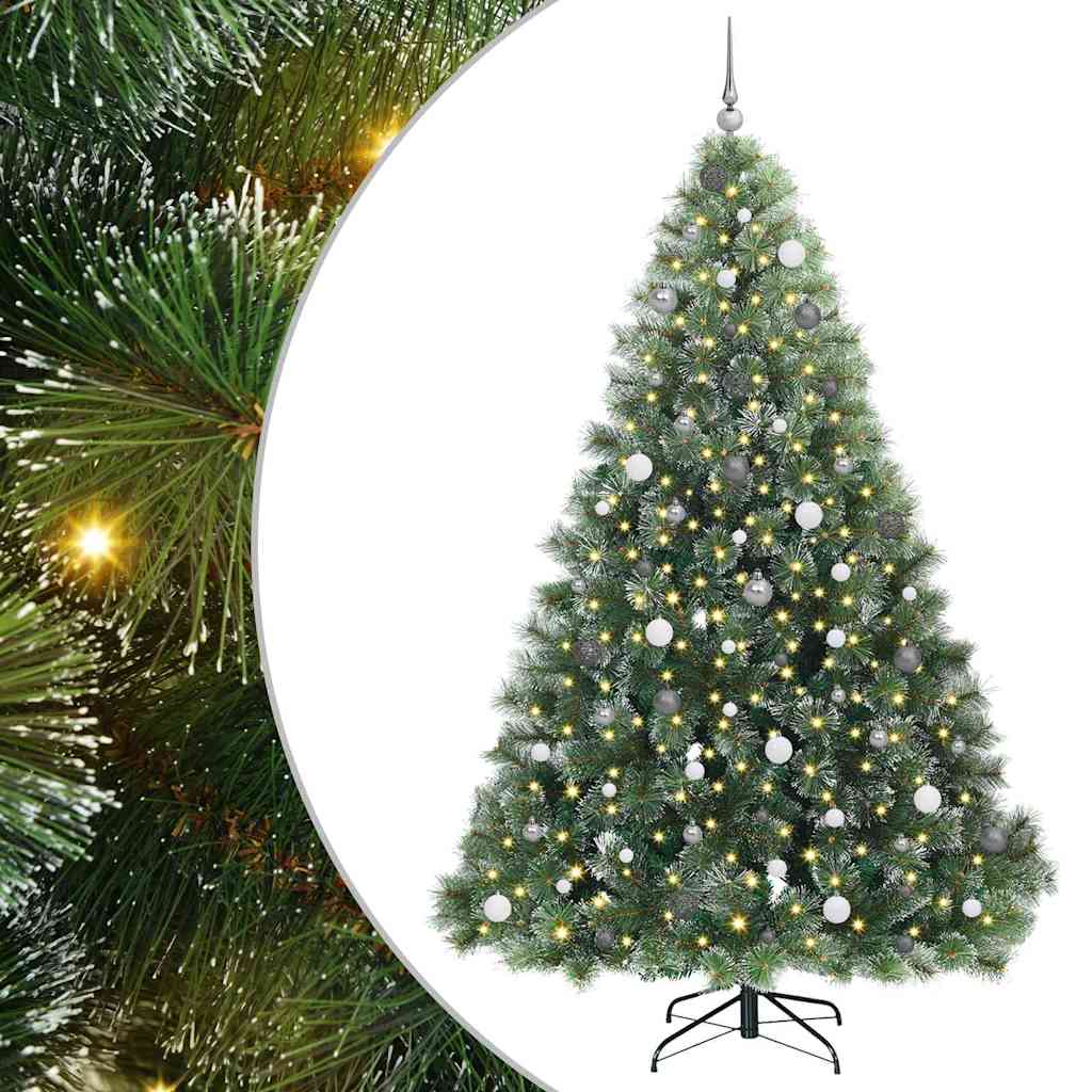 Artificial Christmas Tree with 300 LEDs Green PE and PVC White 240 cm with LEDs &white/grey balls