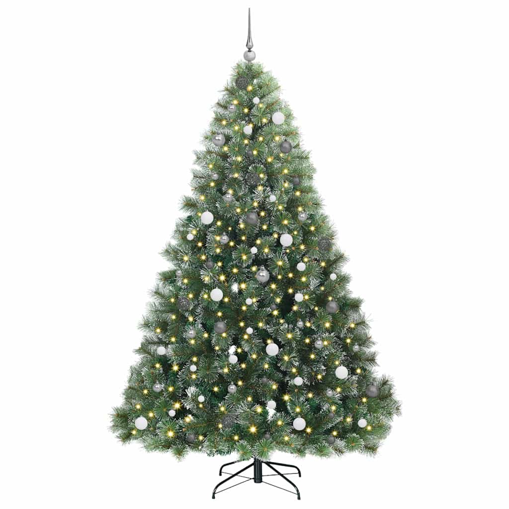Artificial Christmas Tree with 300 LEDs Green PE and PVC White 240 cm with LEDs &white/grey balls