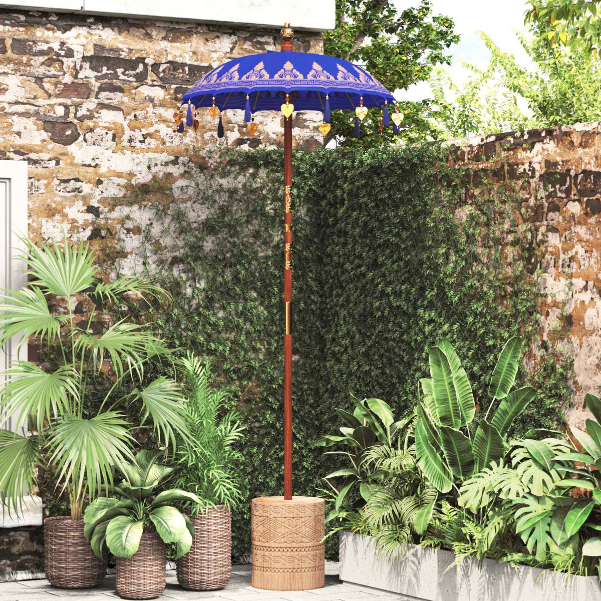 Balinese Parasol with Base Blue 95 x 95 x 260 cm with natural base