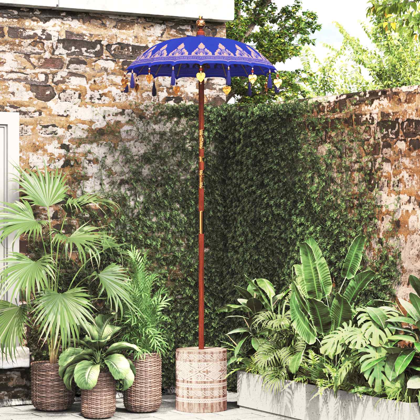 vidaXL Balinese Parasol with Base Blue 95 x 95 x 260 cm 1