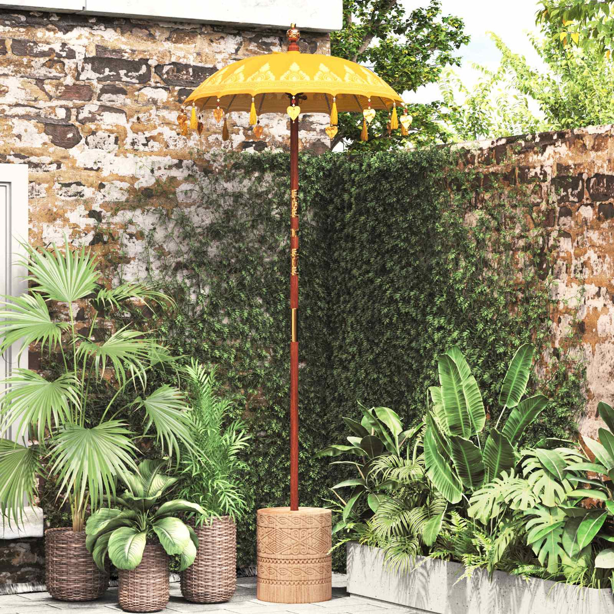 Balinese Parasol with Base Yellow 95 x 95 x 260 cm with natural base