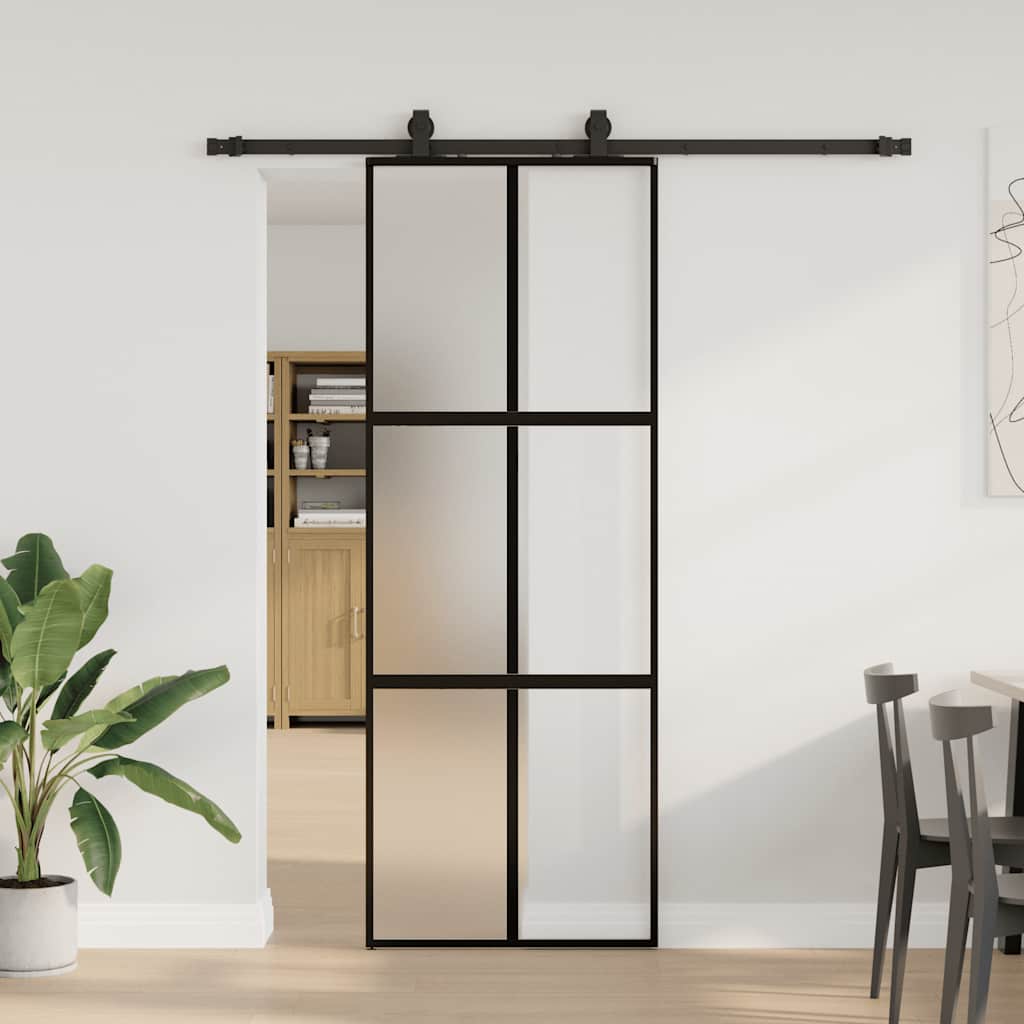 vidaXL Sliding Door with Hardware Set Black 76x205 cm Tempered Glass 1