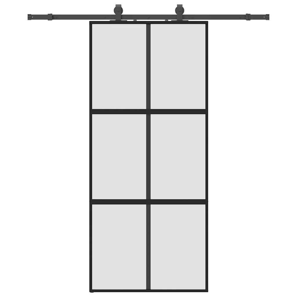 Sliding Door with Hardware Set Black 76x205 cm Tempered Glass 4x2 grids Black and matt 90 cm 183 cm sliding rail
