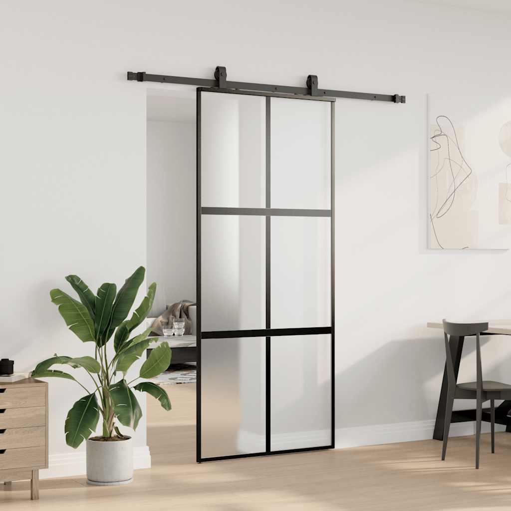 vidaXL Sliding Door with Hardware Set Black 90x205 cm Tempered Glass 3