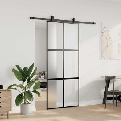 Sliding Door with Hardware Set Black 76x205 cm Tempered Glass 4x2 grids Black and matt 90 cm 183 cm sliding rail
