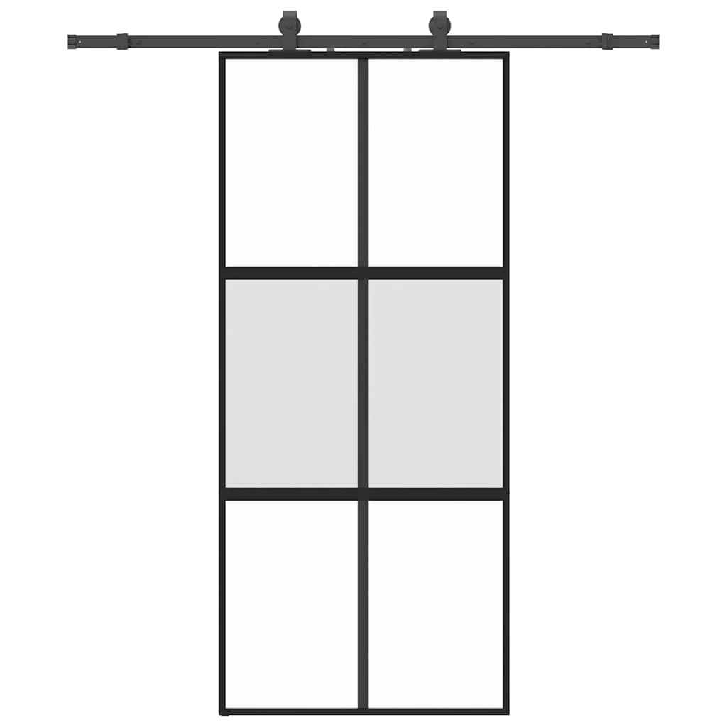 Sliding Door with Hardware Set Black 76x205 cm Tempered Glass 4x2 grids Black, matt and transparent 90 cm 183 cm sliding rail
