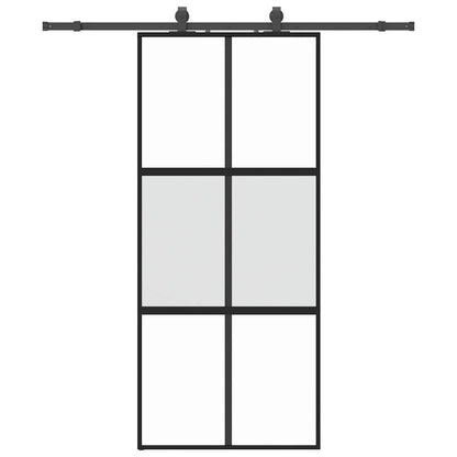 Sliding Door with Hardware Set Black 76x205 cm Tempered Glass 4x2 grids Black, matt and transparent 90 cm 183 cm sliding rail