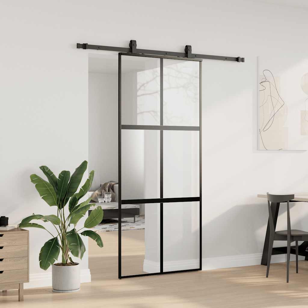 Sliding Door with Hardware Set Black 76x205 cm Tempered Glass 4x2 grids Black, matt and transparent 90 cm 183 cm sliding rail