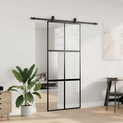 Sliding Door with Hardware Set Black 76x205 cm Tempered Glass 4x2 grids Black, matt and transparent 90 cm 183 cm sliding rail