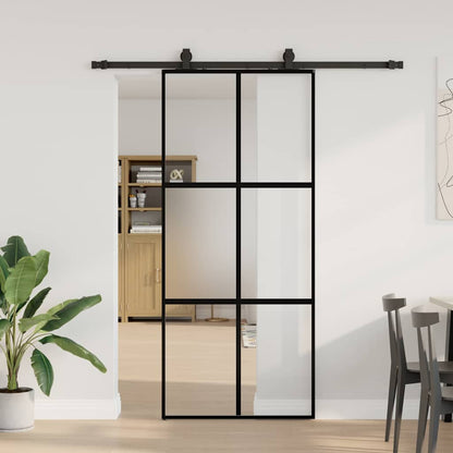 Sliding Door with Hardware Set Black 76x205 cm Tempered Glass 4x2 grids Black, matt and transparent 90 cm 183 cm sliding rail