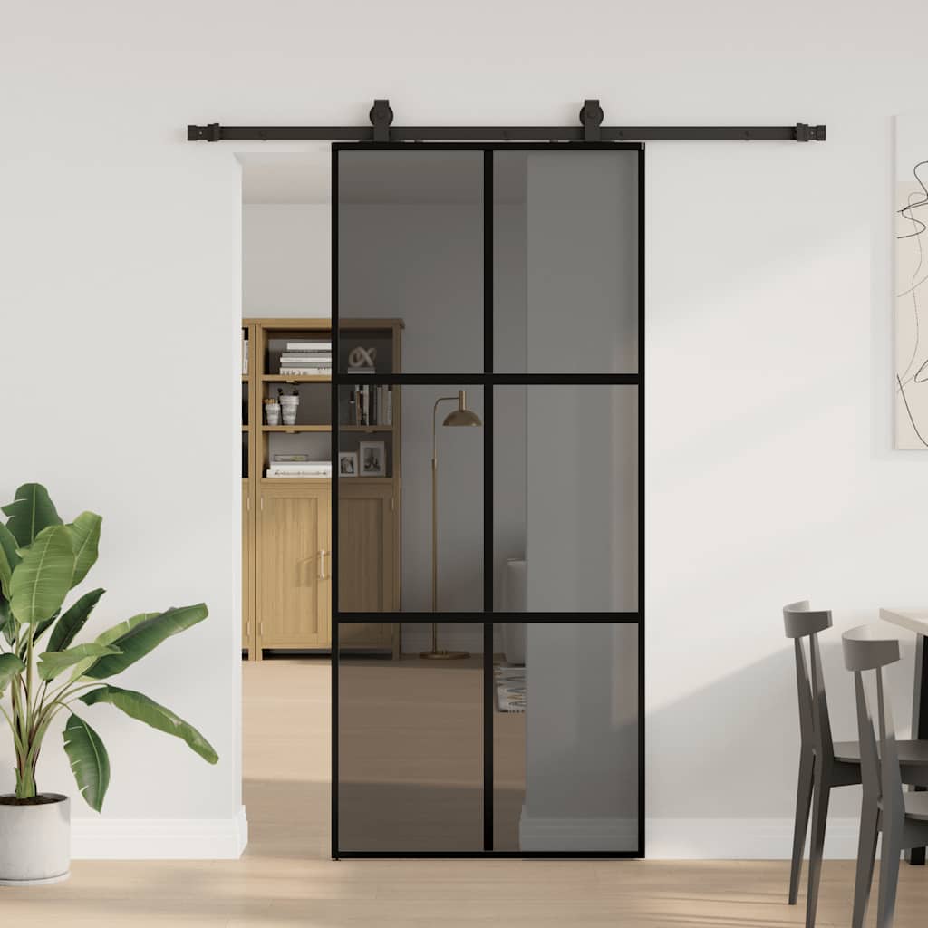 vidaXL Sliding Door with Hardware Set Black 90x205 cm Tempered Glass 1