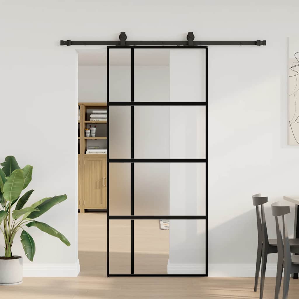 vidaXL Sliding Door with Hardware Set Black 90x205 cm Tempered Glass 1