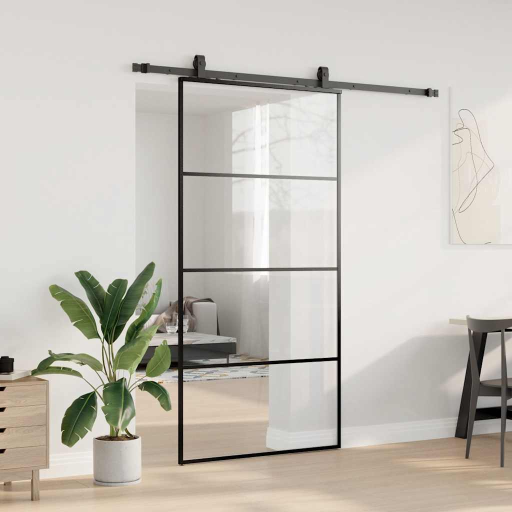 Sliding Door with Hardware Set 76x205 cm ESG Glass Black 102.5 cm 200 cm sliding rail Transparent